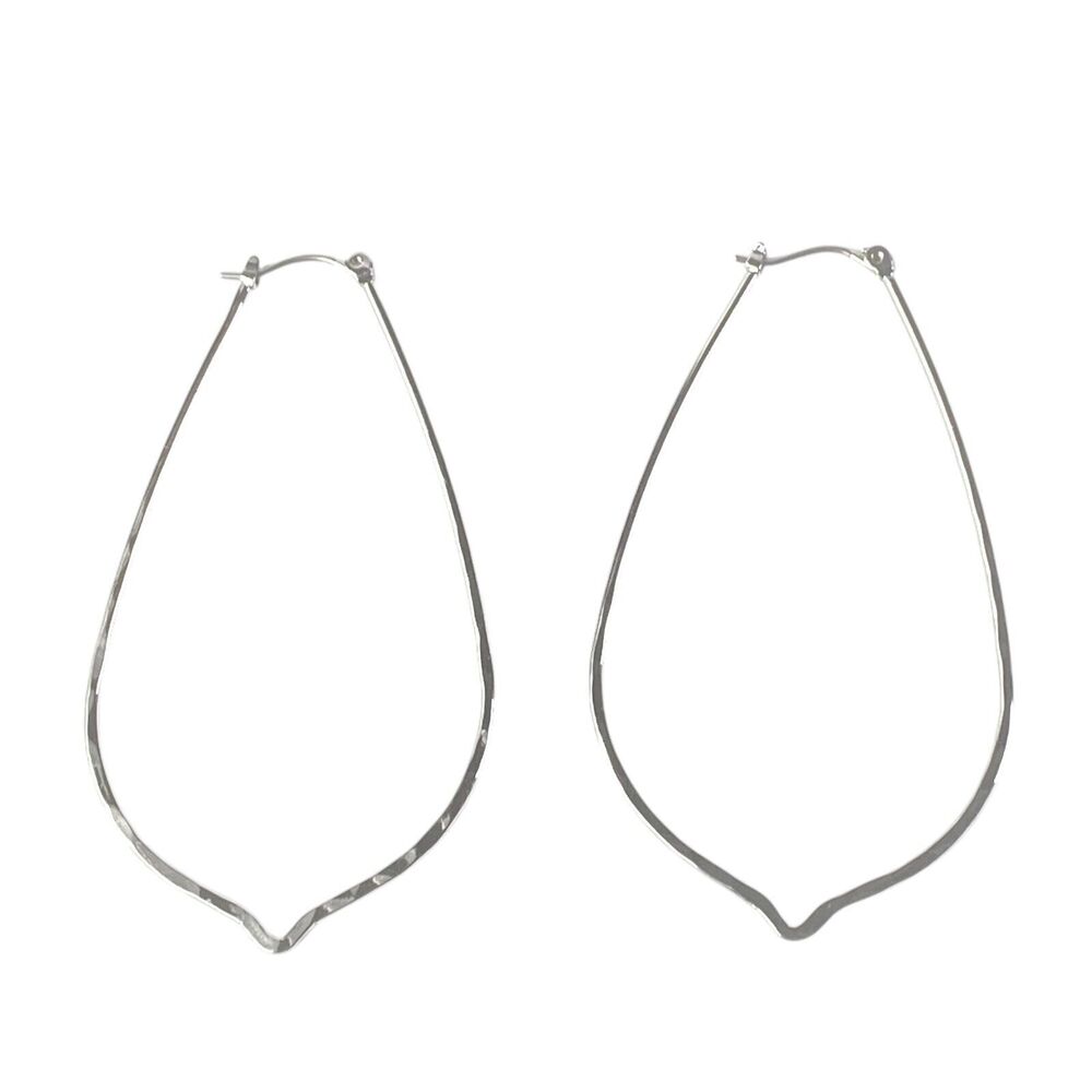 Silver Tone Hoops Pierced Earrings Large Hammered Metal Petal Leaf Unique Dangle